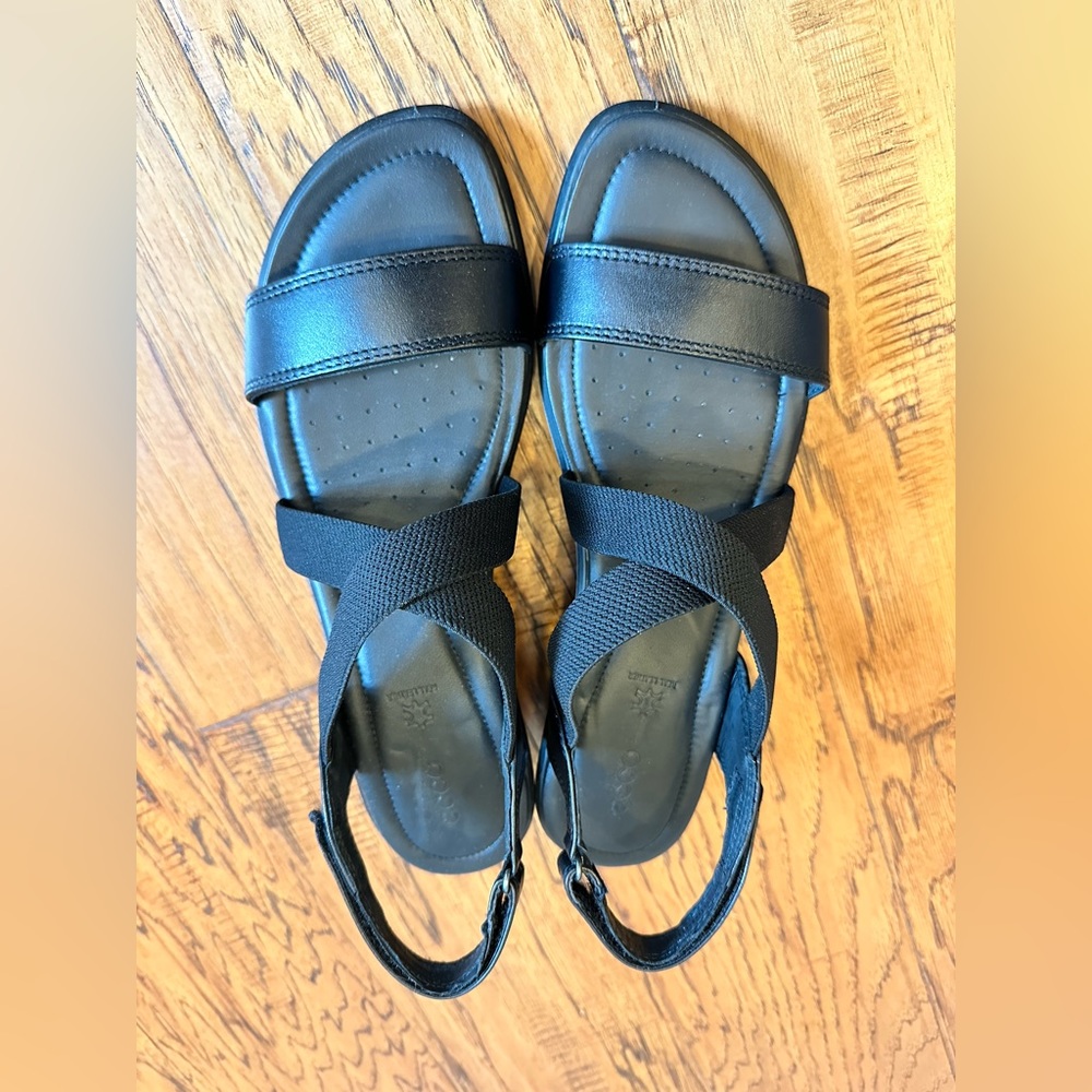Ecco Felicia Sandal Black Leather Adjustable Strap Wedge Sandal, size 41